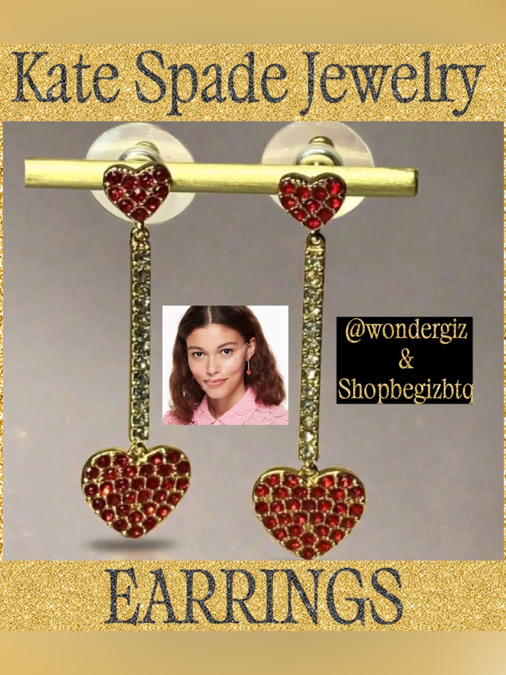 Kate Spade Authentic Yours Truly Pave Heart Gold and Red Linear Earrings